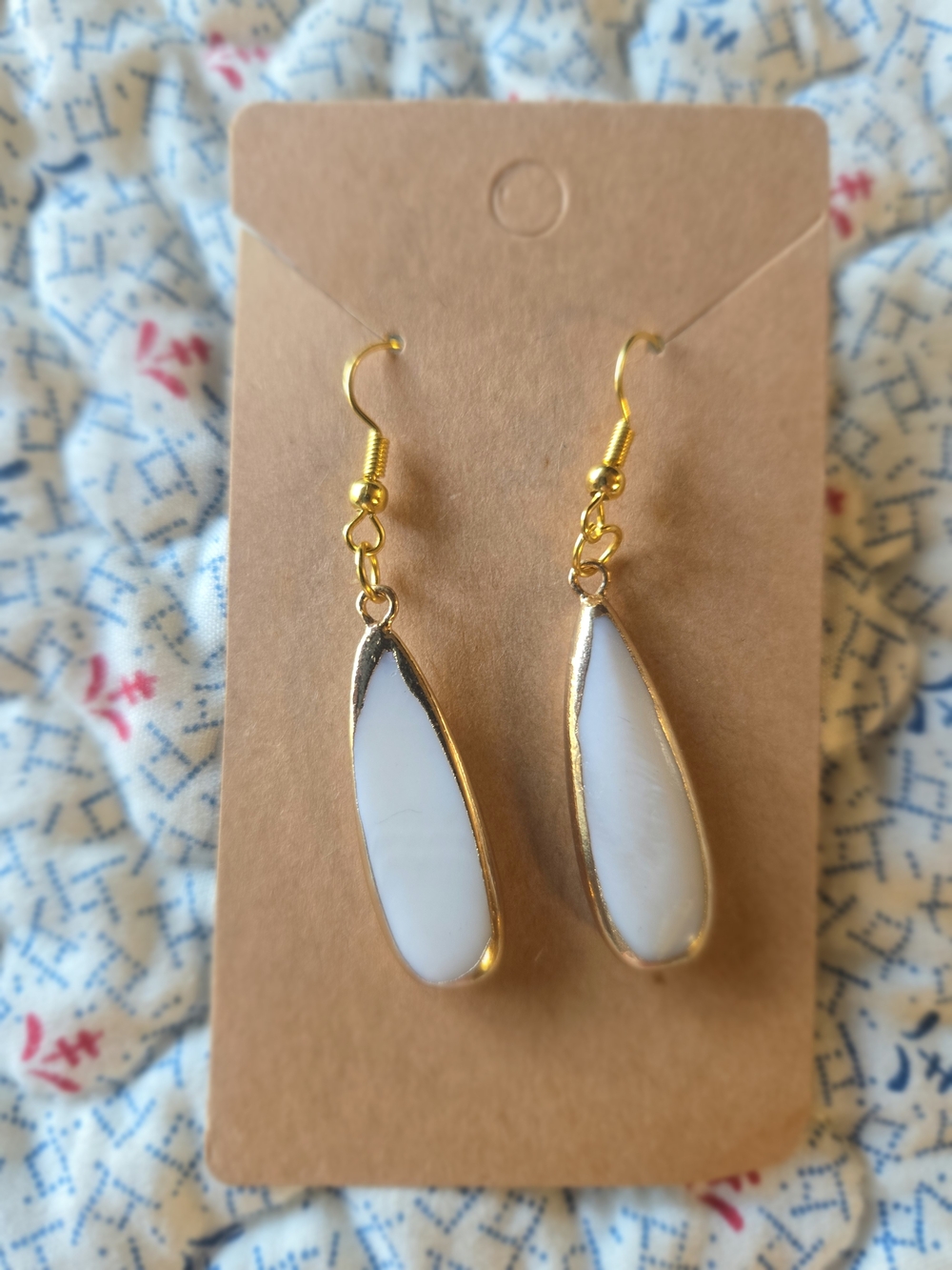 Gold Trim White Teardrop Dangle Earrings - Women Jewelry